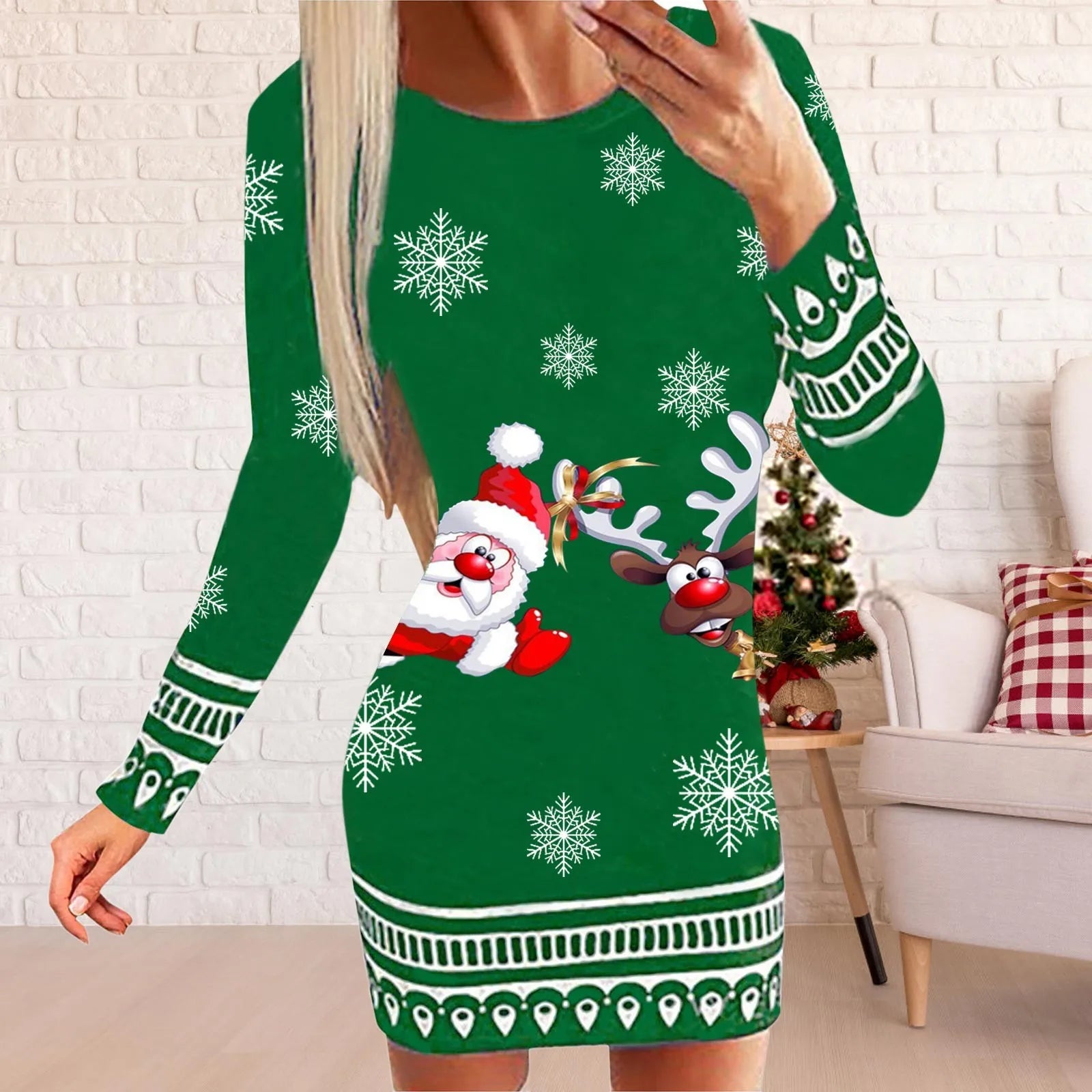 Elegant Christmas Elk Print Slim Dress for Women - Image 7