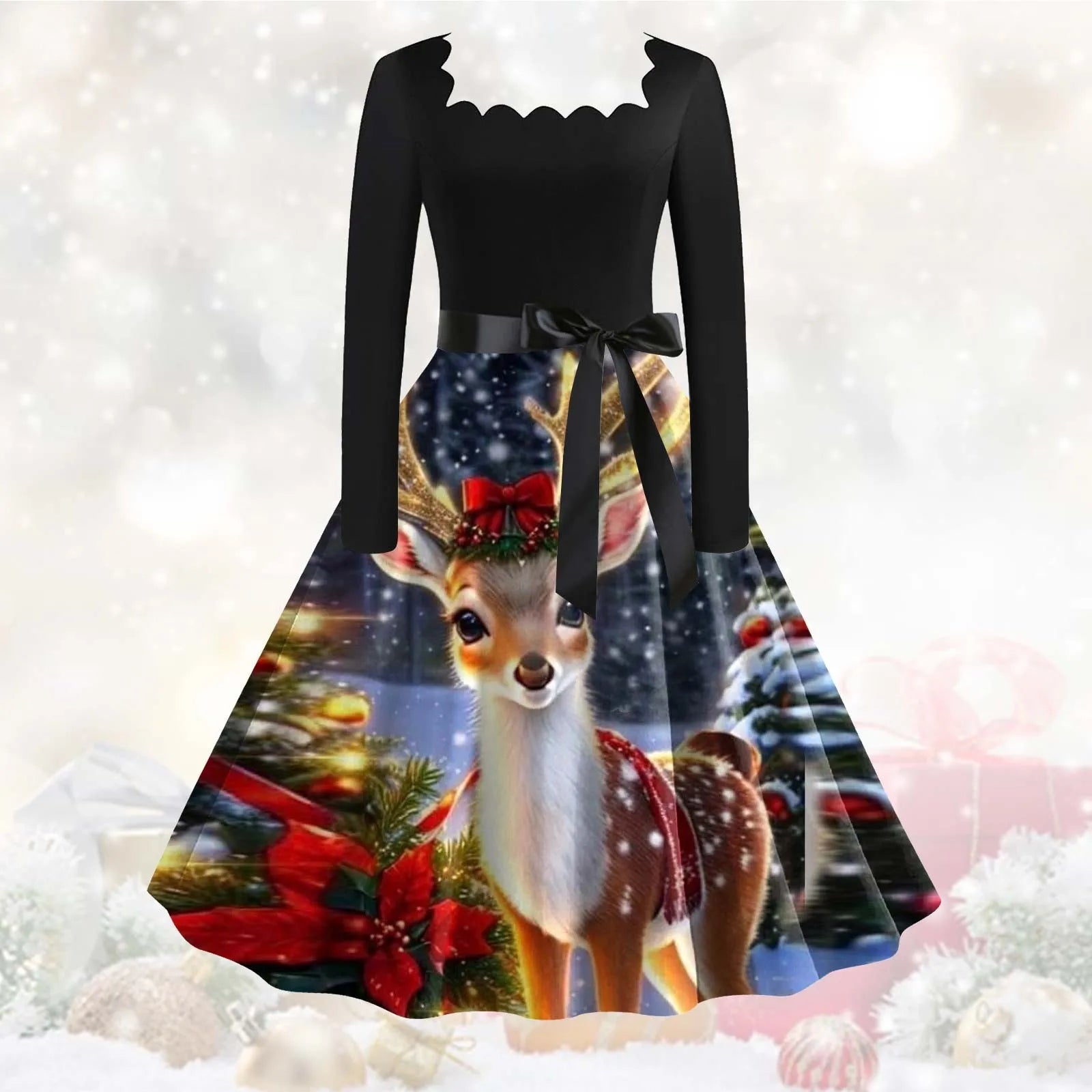 Festive Floral Vintage Long Sleeve Christmas Dress - Image 11