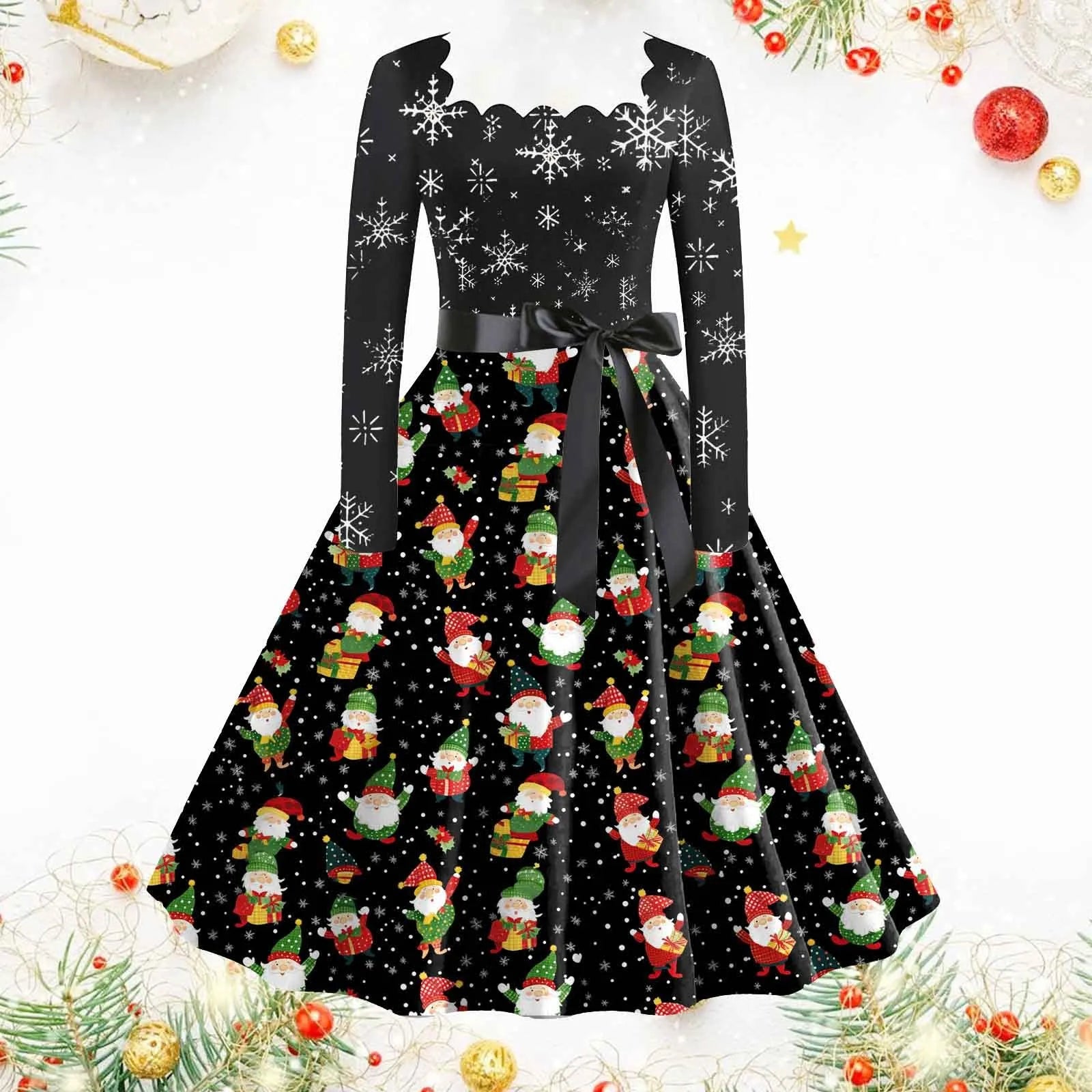 Charming Snowflake Print Long Sleeve Christmas Dress - Image 4