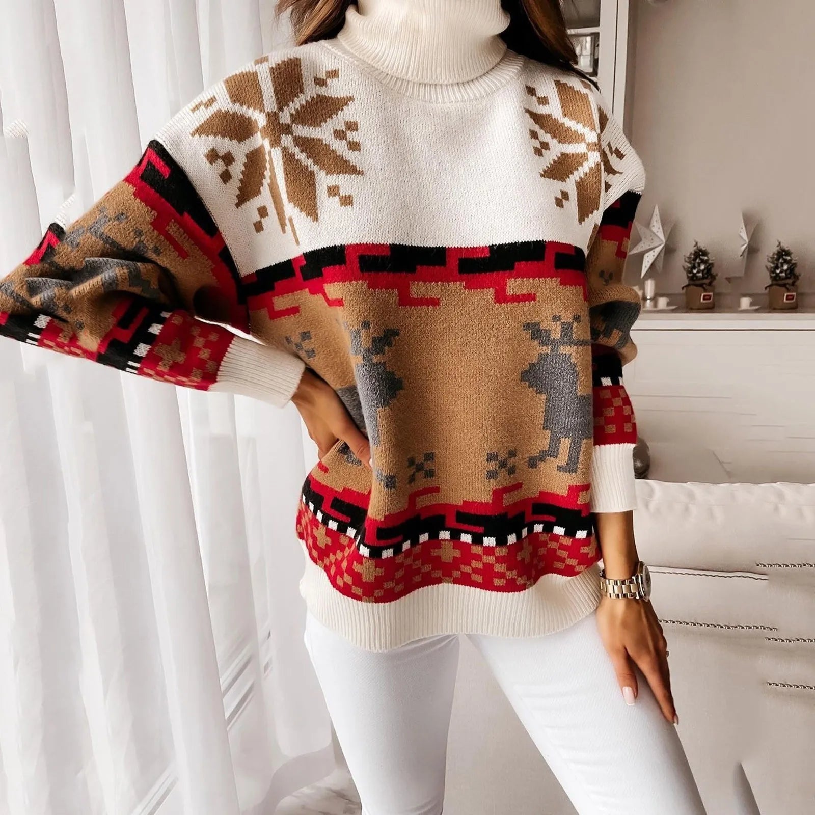 Cozy Elk Snowflake Turtleneck Sweater for Christmas - Image 7