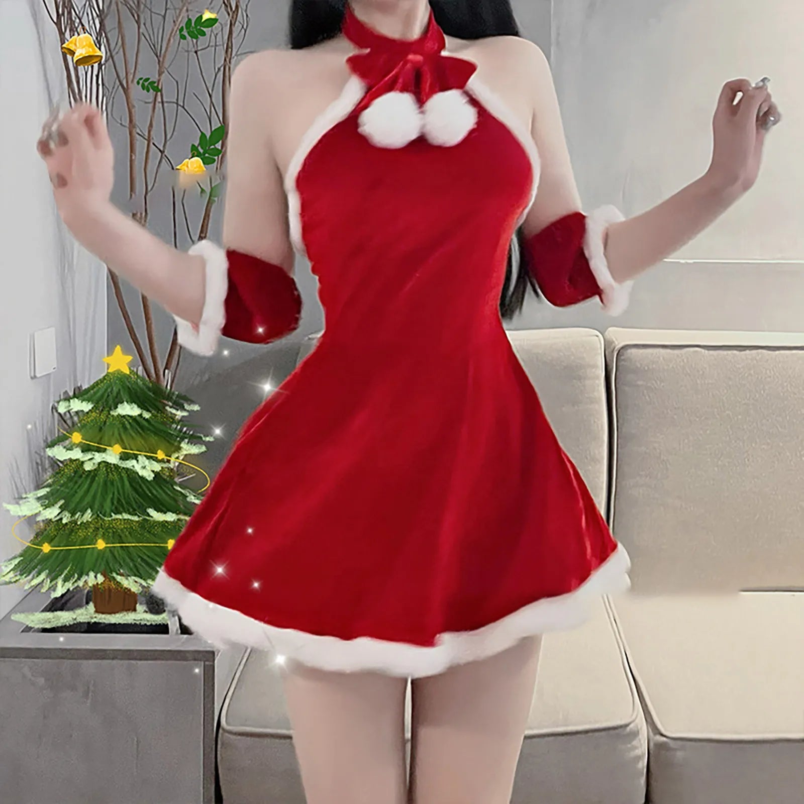 Festive Red Plush Santa Cosplay Dress for Women - Image 3