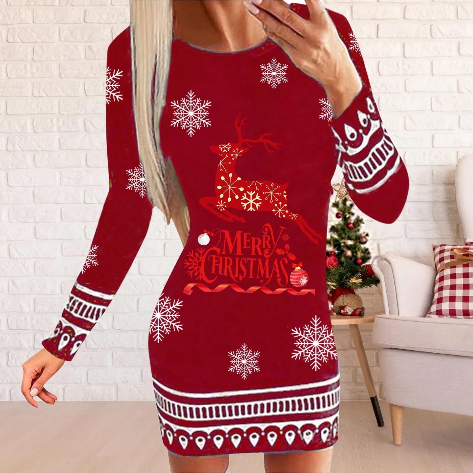 Festive Elk Print Bodycon Mini Dress for Women - Image 11