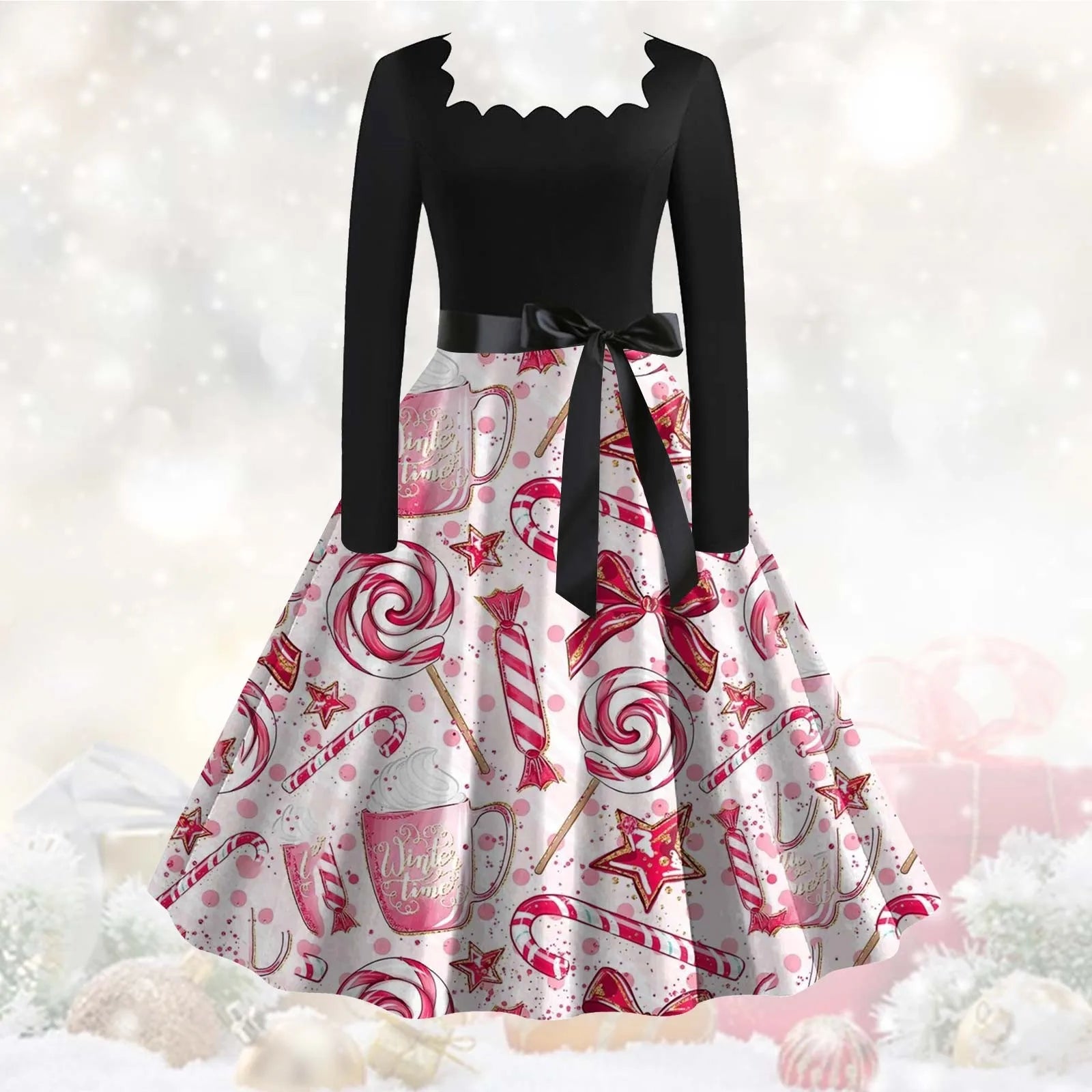 Festive Floral Vintage Long Sleeve Christmas Dress - Image 5