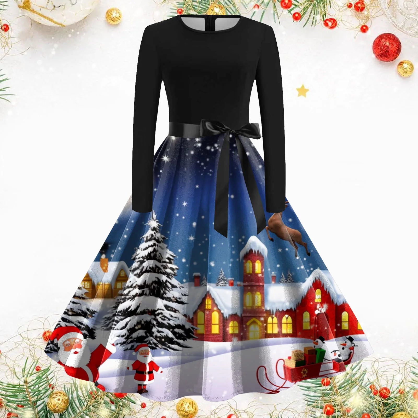 Chic Vintage Christmas Dress with Deer Print - Image 10