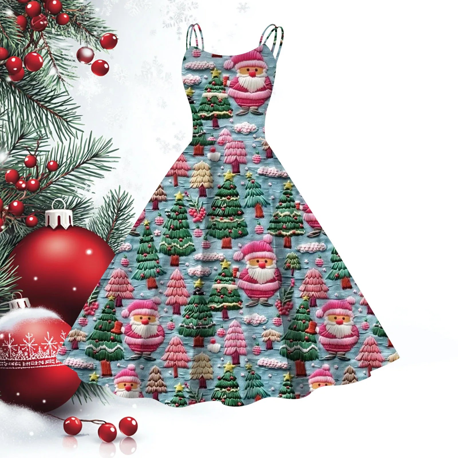 Festive A-Line Spaghetti Strap Christmas Dress - Image 5