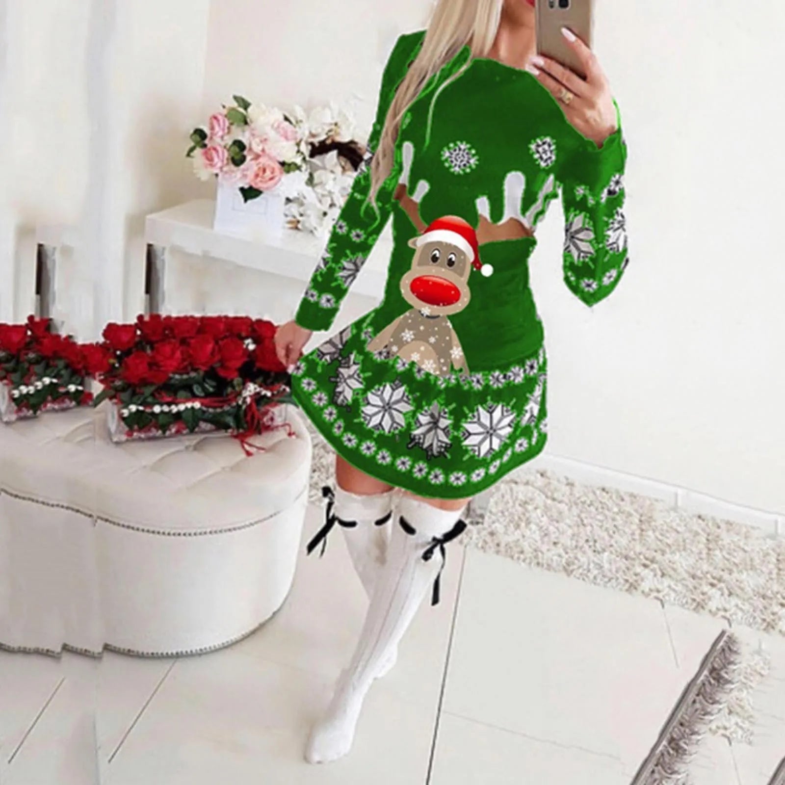 Festive Snowflake & Deer Print Christmas Dress - Image 4