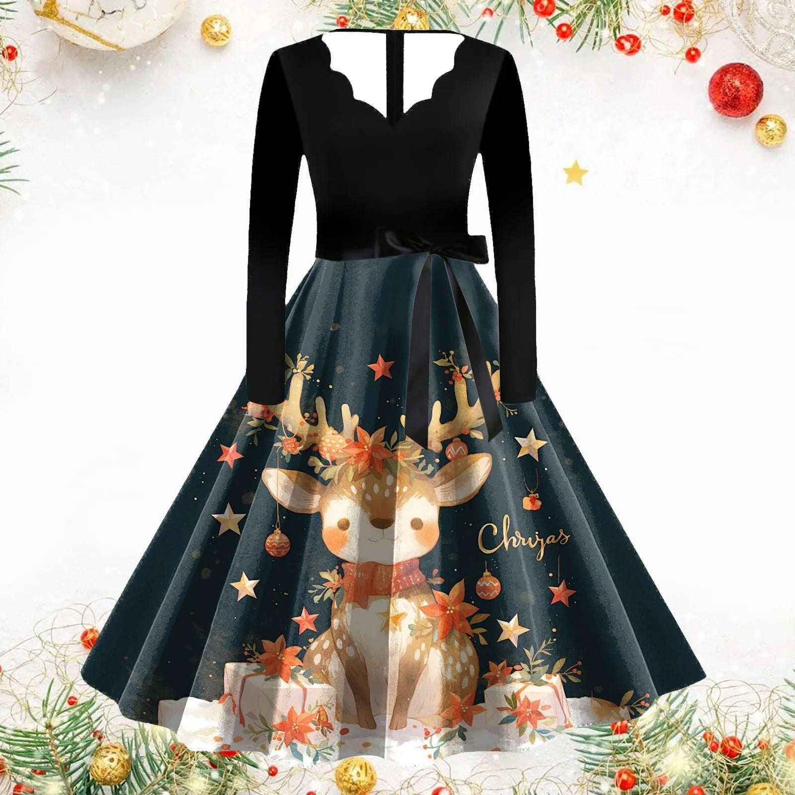 Festive Vintage Snowman & Deer Christmas Dress - Image 12