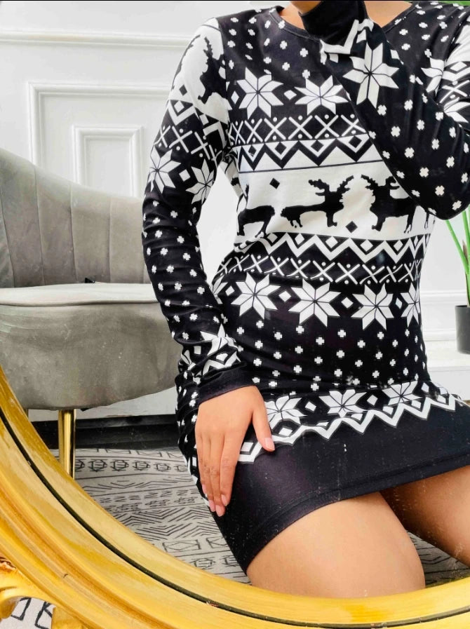 Festive Snowflake Elk Print Mini Dress - Image 8