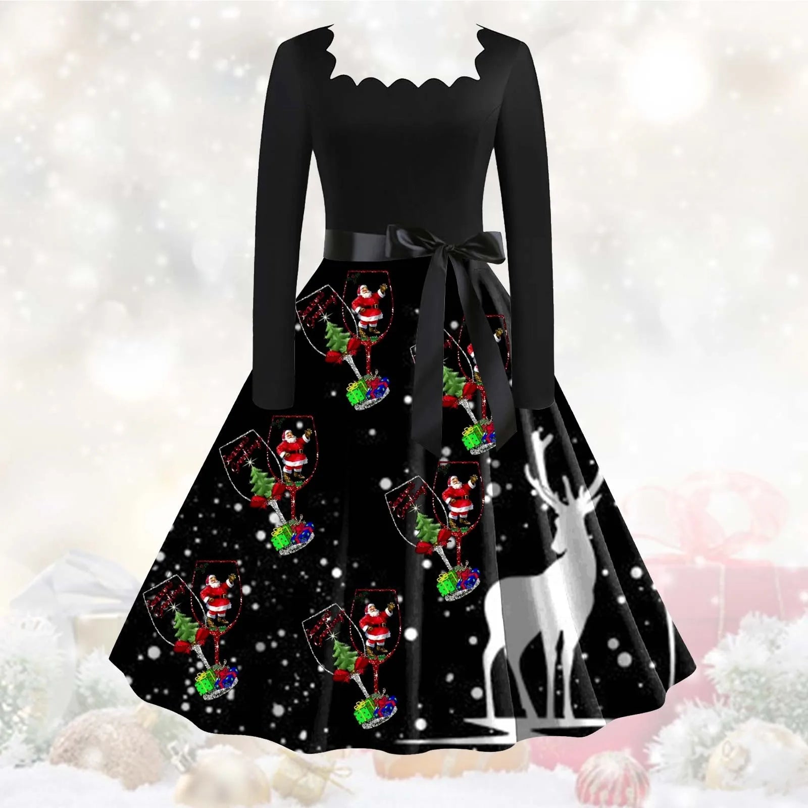 Festive Floral Vintage Long Sleeve Christmas Dress - Image 12