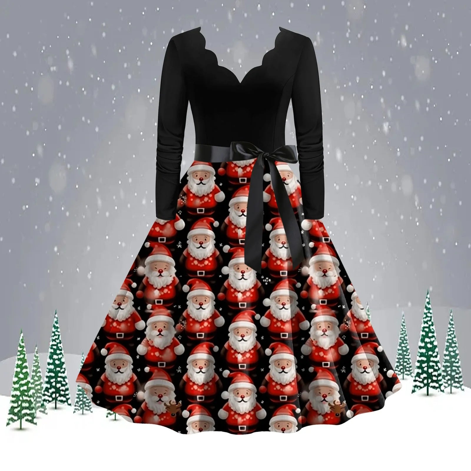 Charming Santa Claus Print Christmas A-Line Dress - Image 5