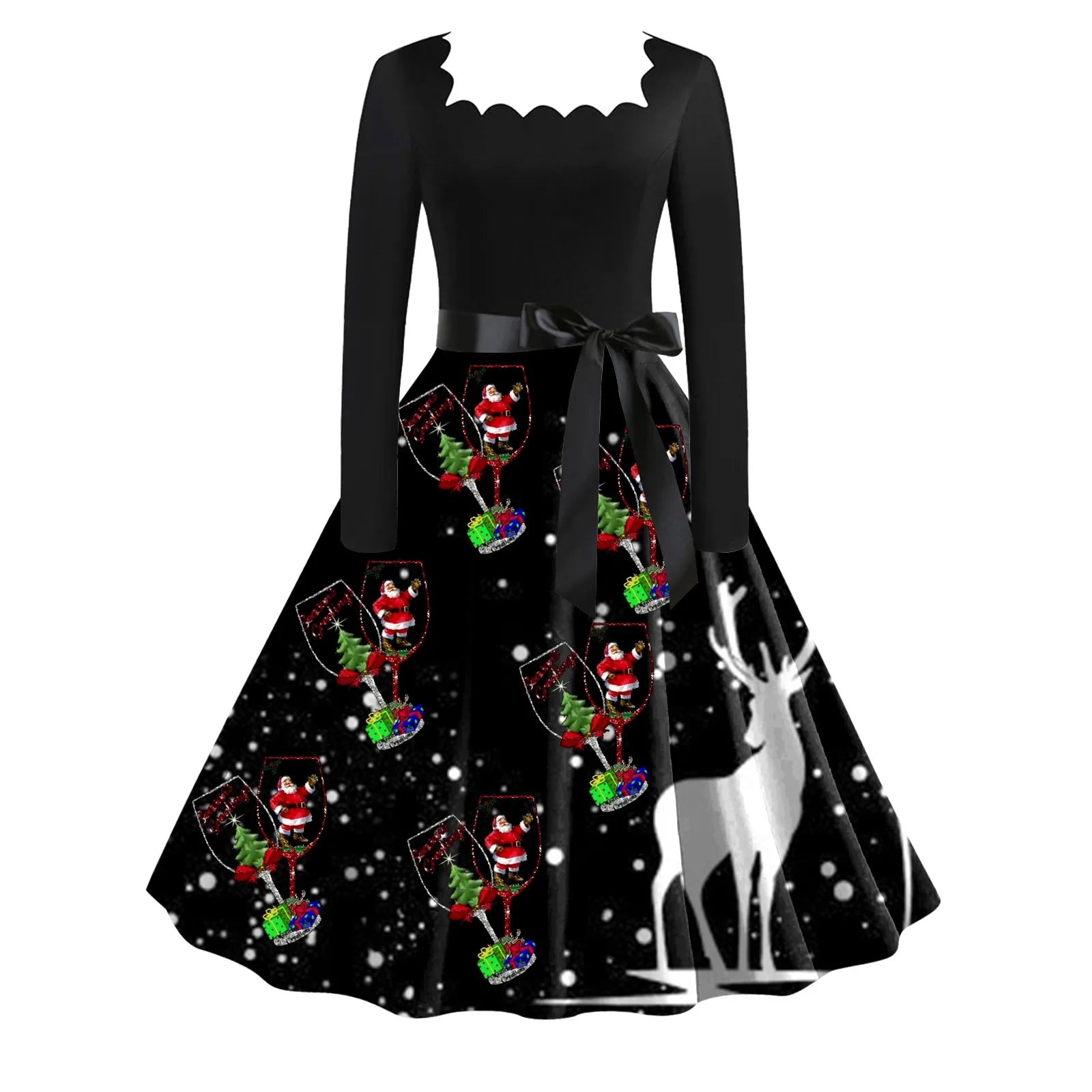 Festive Floral Vintage Long Sleeve Christmas Dress - Image 3