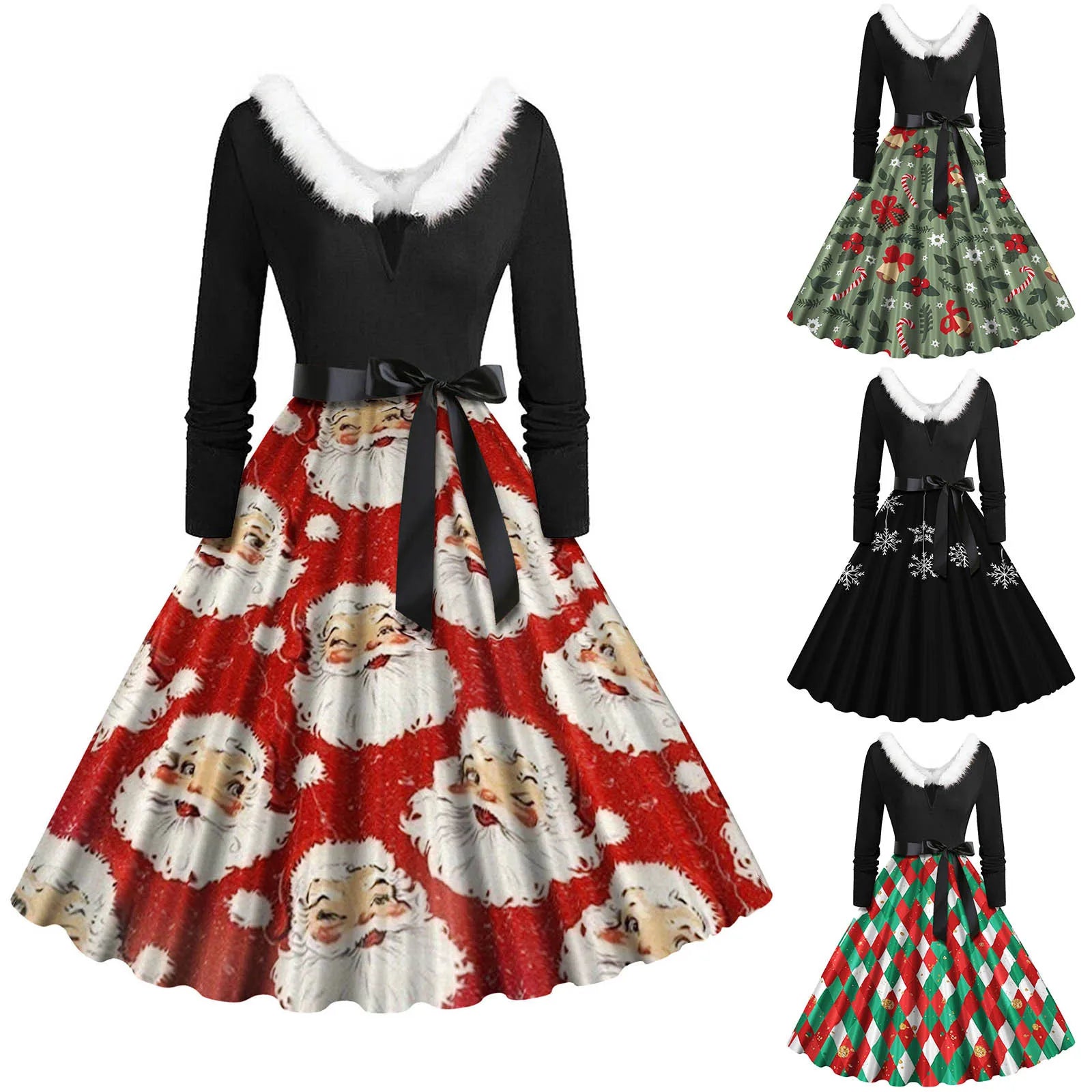Festive Faux Fur V-Neck Christmas Swing Dress - Image 5