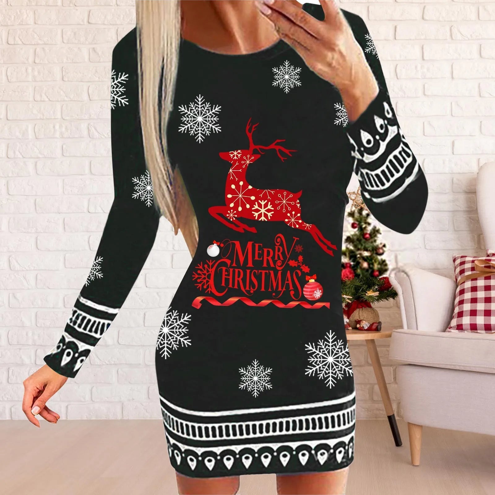 Festive Elk Print Bodycon Mini Dress for Women - Image 14