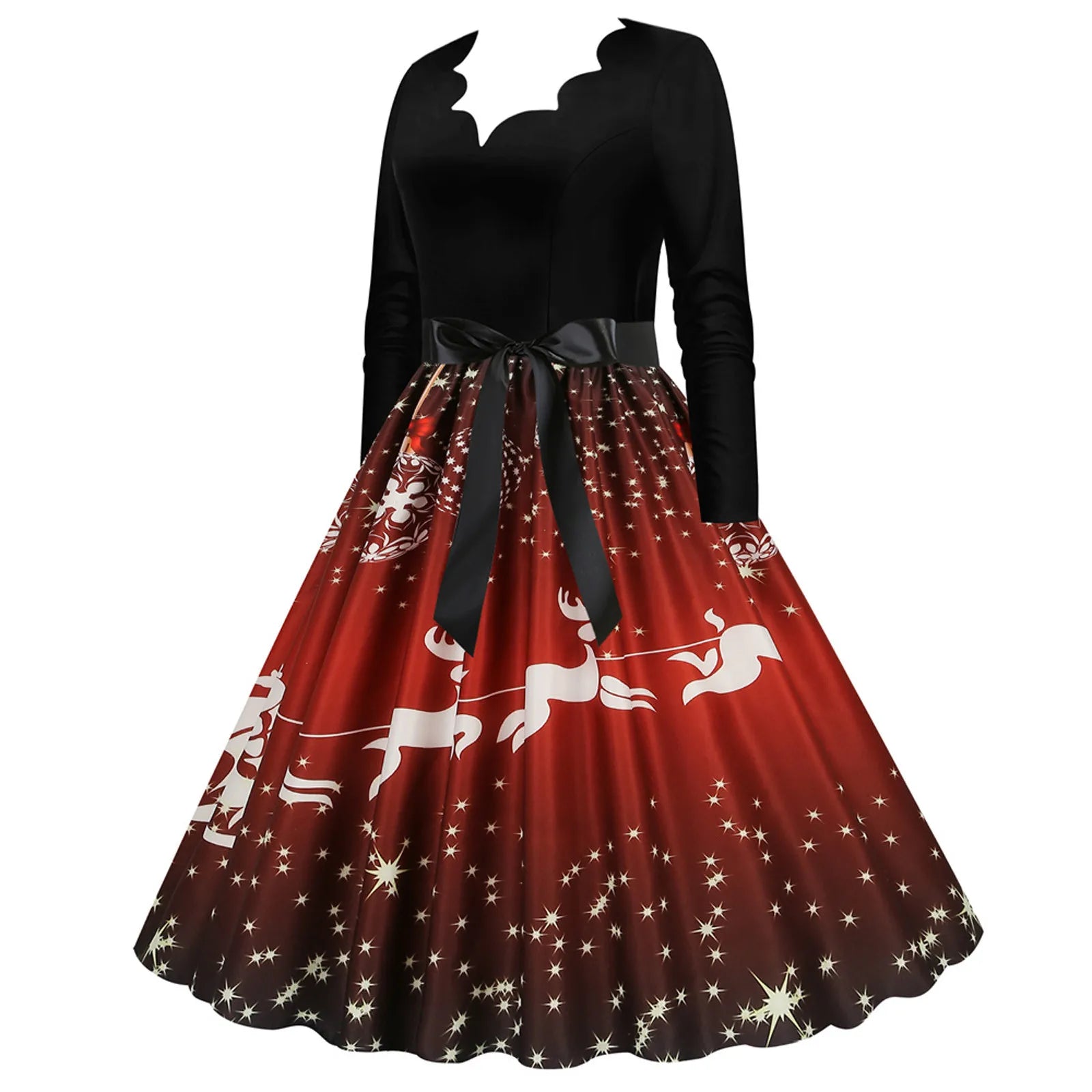 Festive Santa Print V-Neck Swing Dress - Image 9