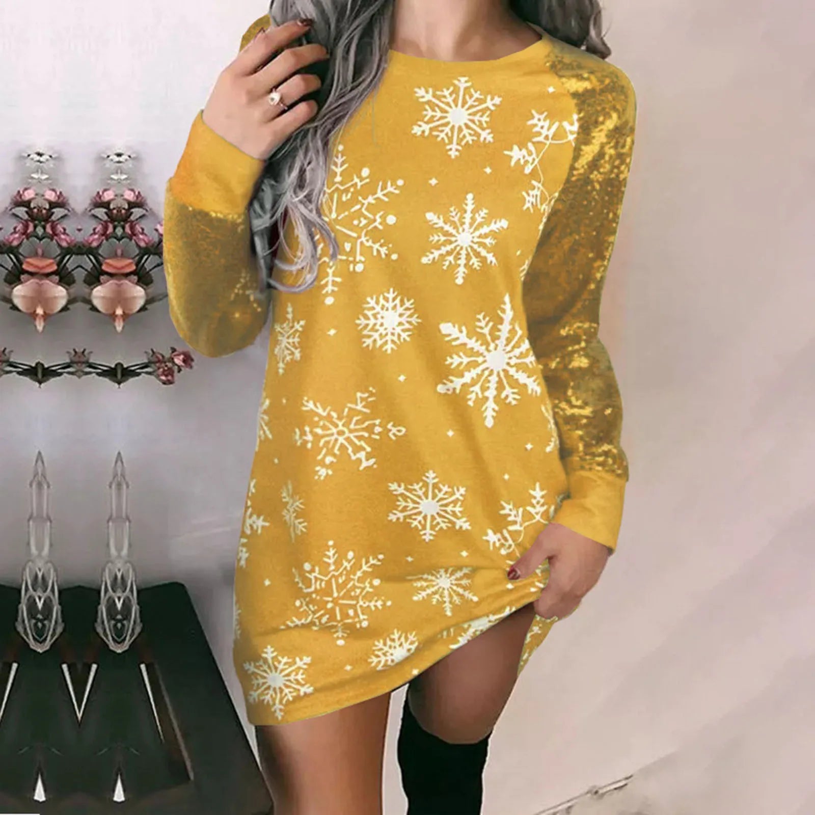 Festive Snowflake Print Casual Dress for Women - Image 4