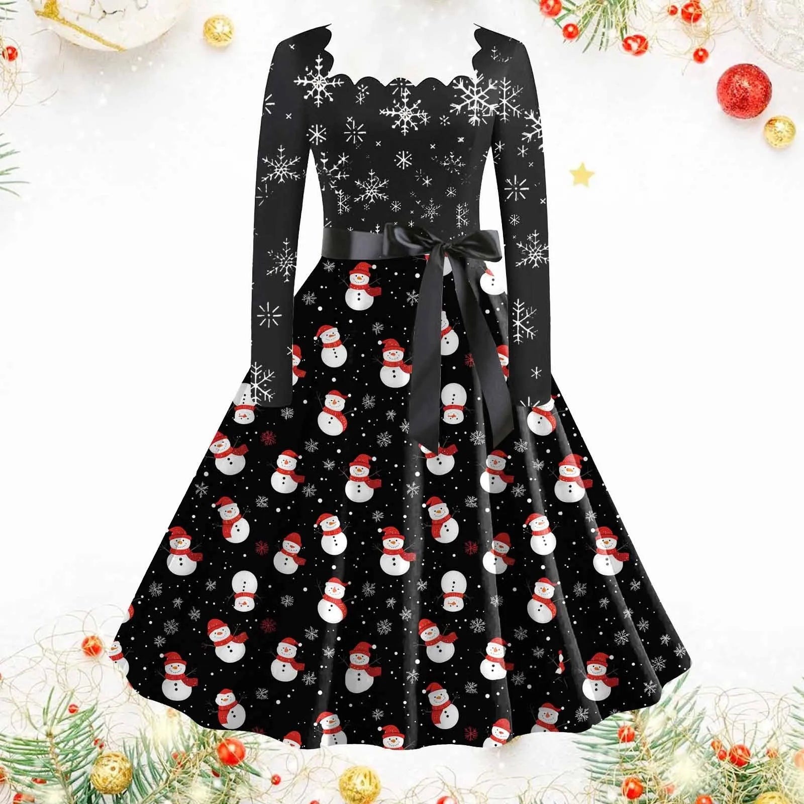 Santa Snowflake Print Retro Christmas Dress - Image 9