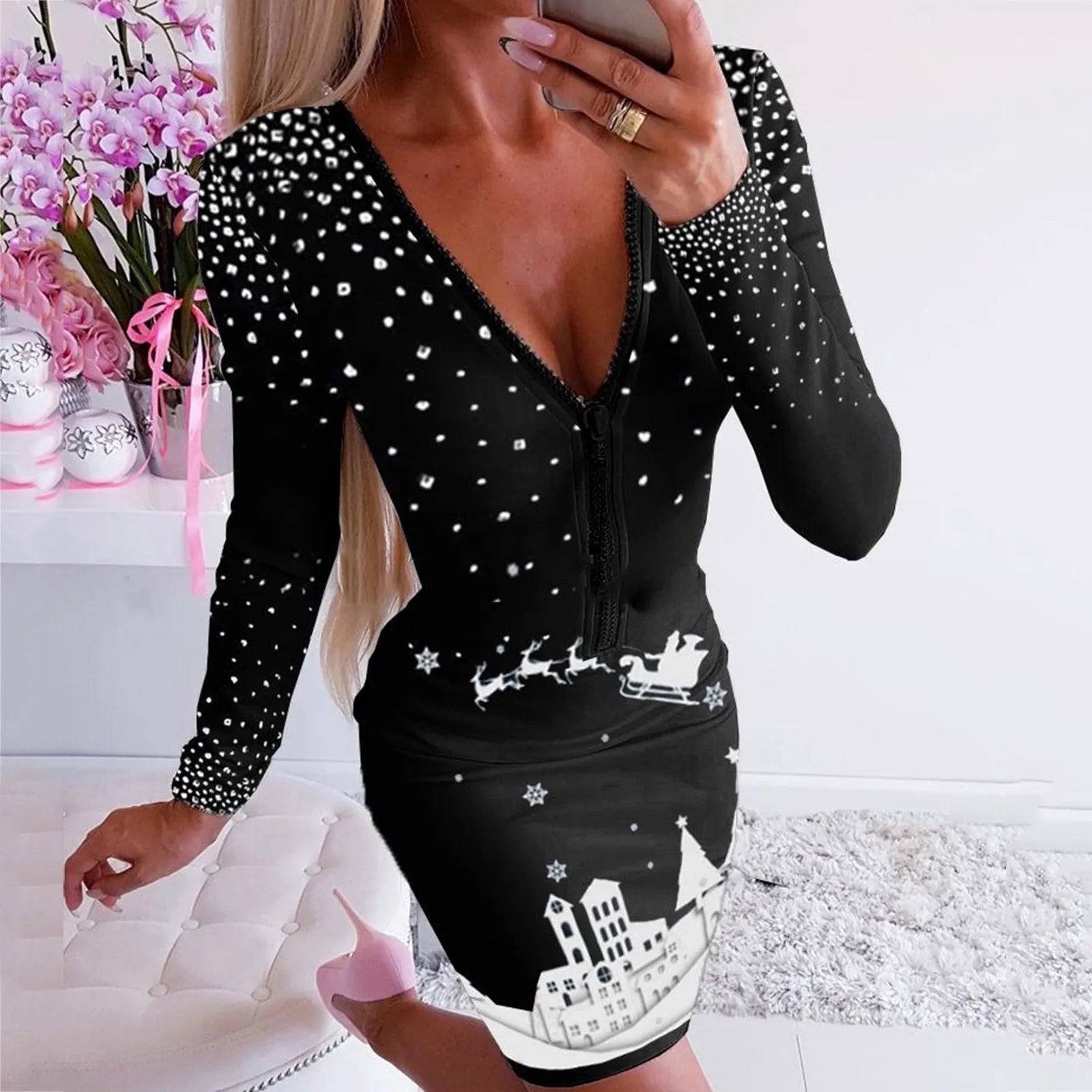Elegant Christmas Zippered V-Neck Print Dress - Image 3
