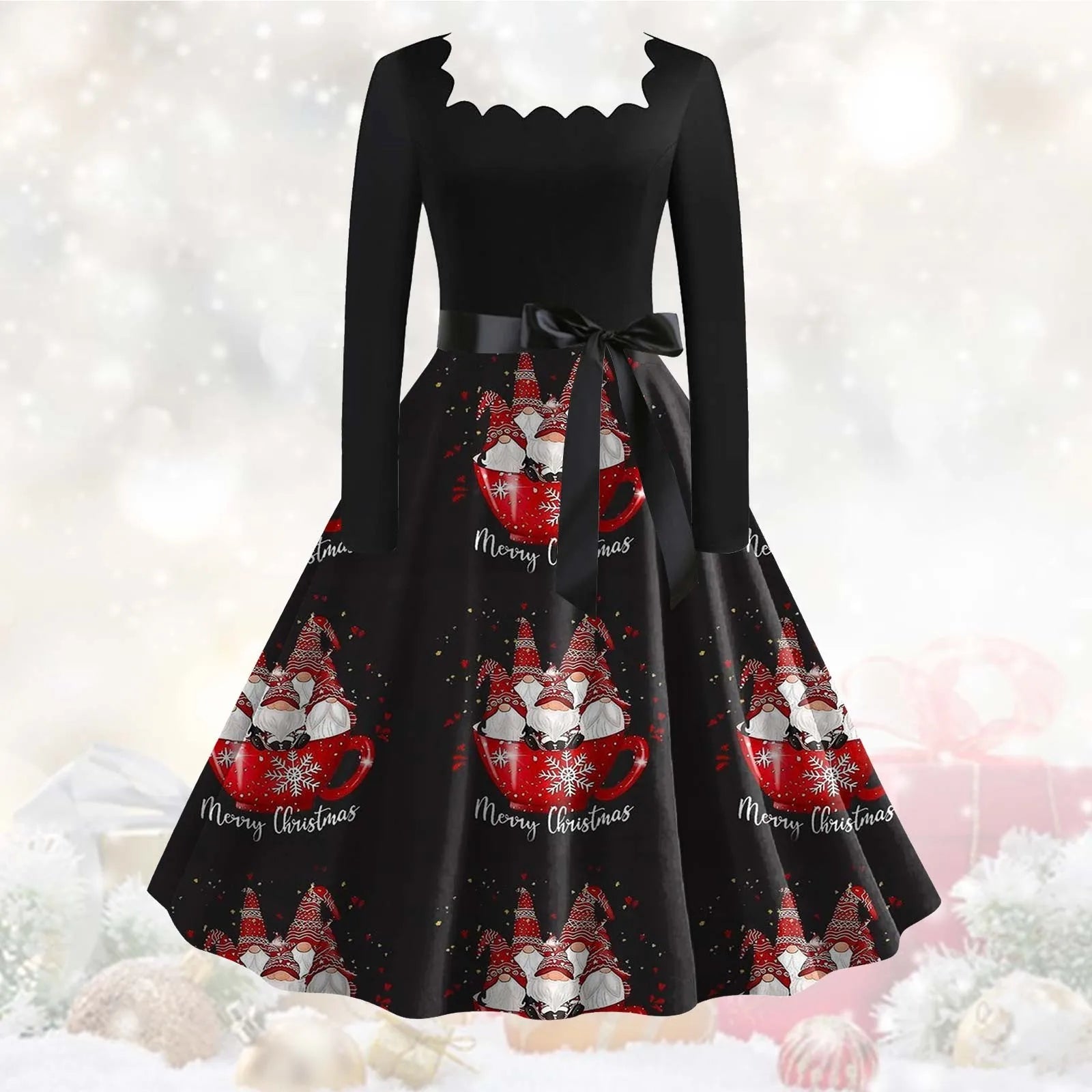 Festive Floral Vintage Long Sleeve Christmas Dress - Image 4