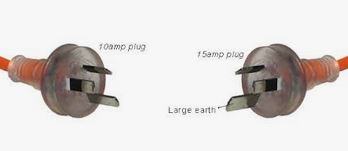 image showing difference between 10 amp & 15 amp power plug. Note 15 amp plug has a larger earth pin.