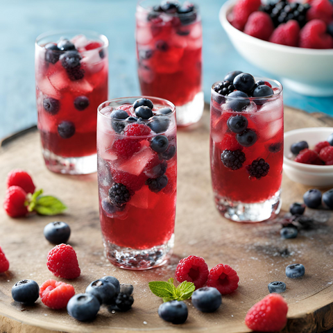 Berry Ginger Beer Mocktails with Raspberries, Blueberries, and Blackberries on a Wooden Tray