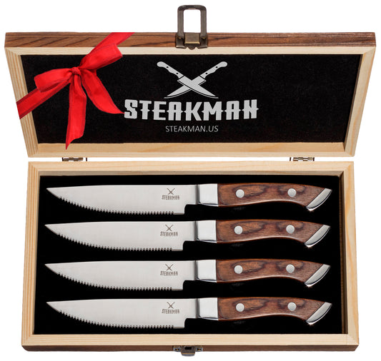 Kitchen Knives Gift Set - 4 Serrated Steak Knives 4.5' Set in Wooden B –  Steakman