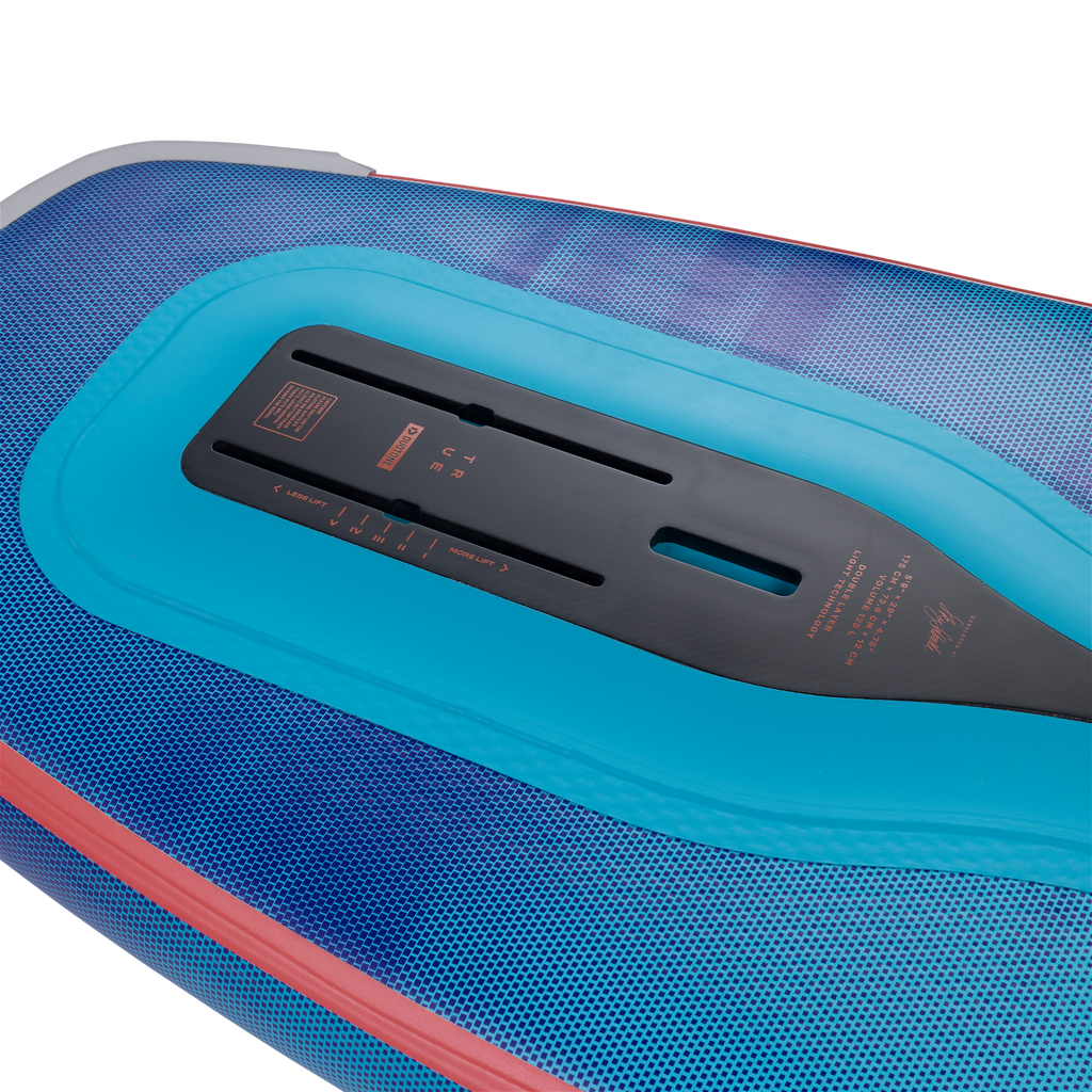 Close-up view of the Duotone Sky Air Wingsurf Board's rigid fusion technology and carbon plate for enhanced stability