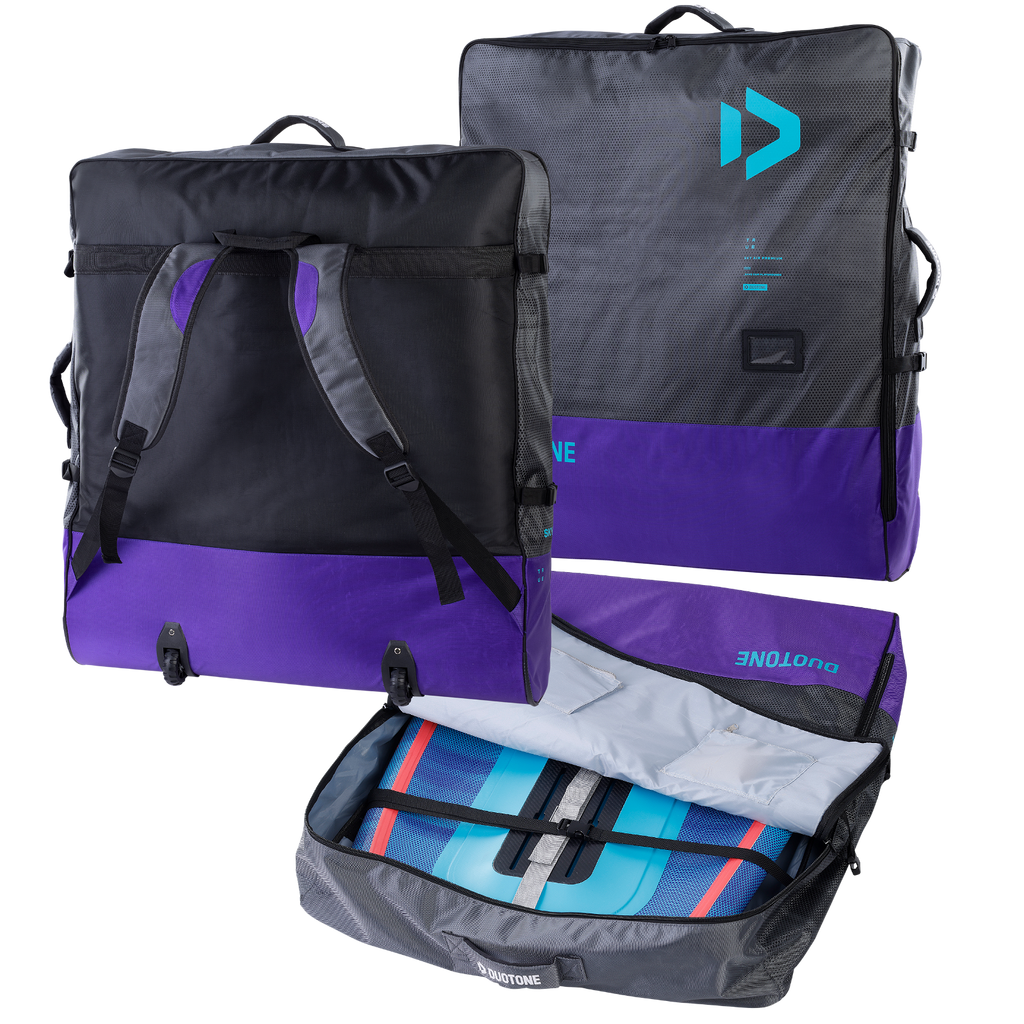 Duotone Sky Air Wingsurf Board with wheeled travel backpack, showcasing portability and ease of transport.