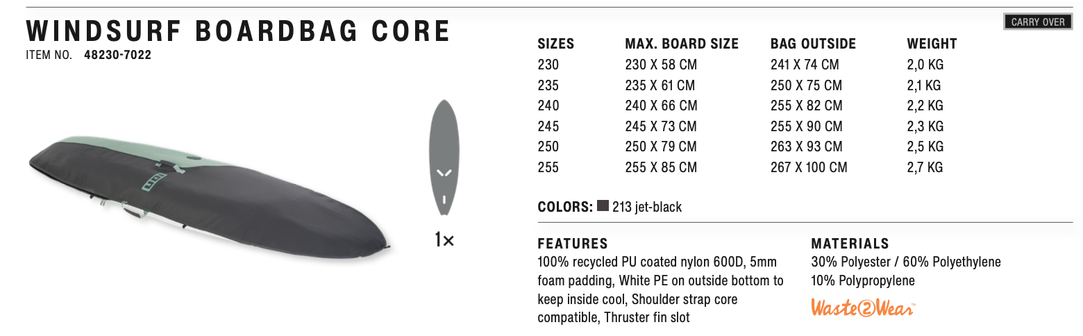 ION Windsurf Boardbag Core specification