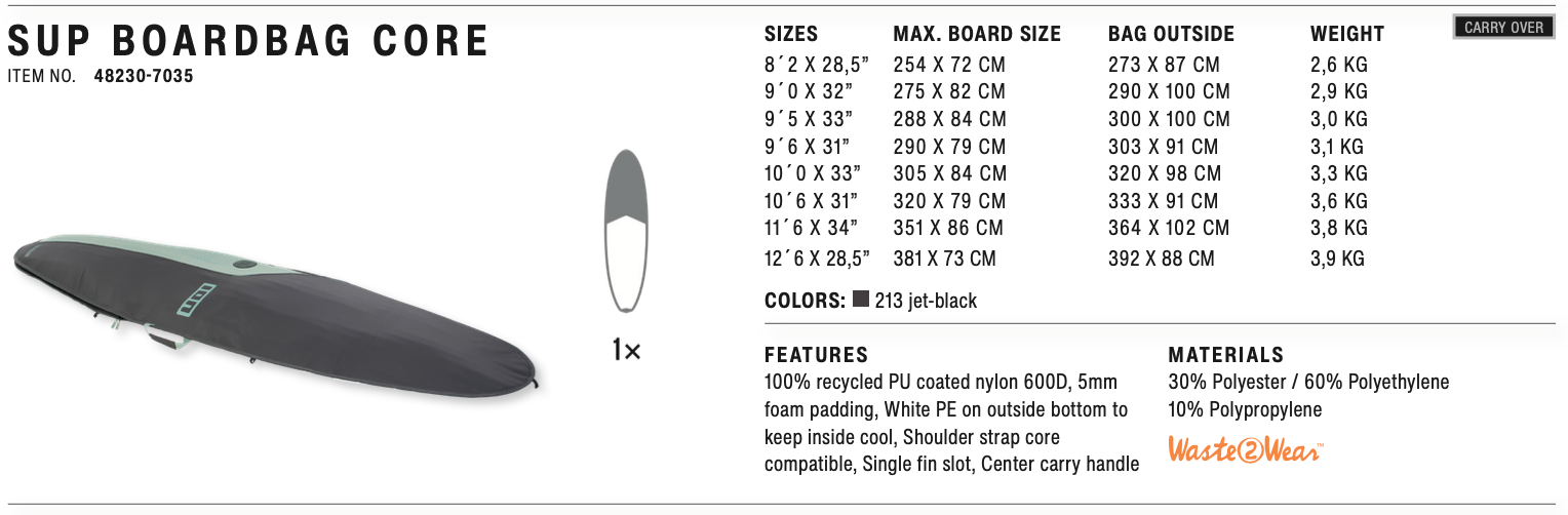 ION SUP Boardbag Core Race sizes