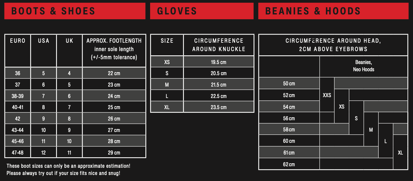 ION shoes hoods gloves size chart