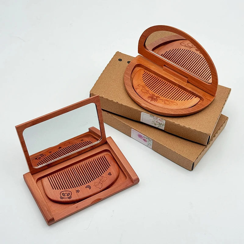 Eleganz für die Handtasche: Dein 2-in-1 Holz Kammspiegel Set