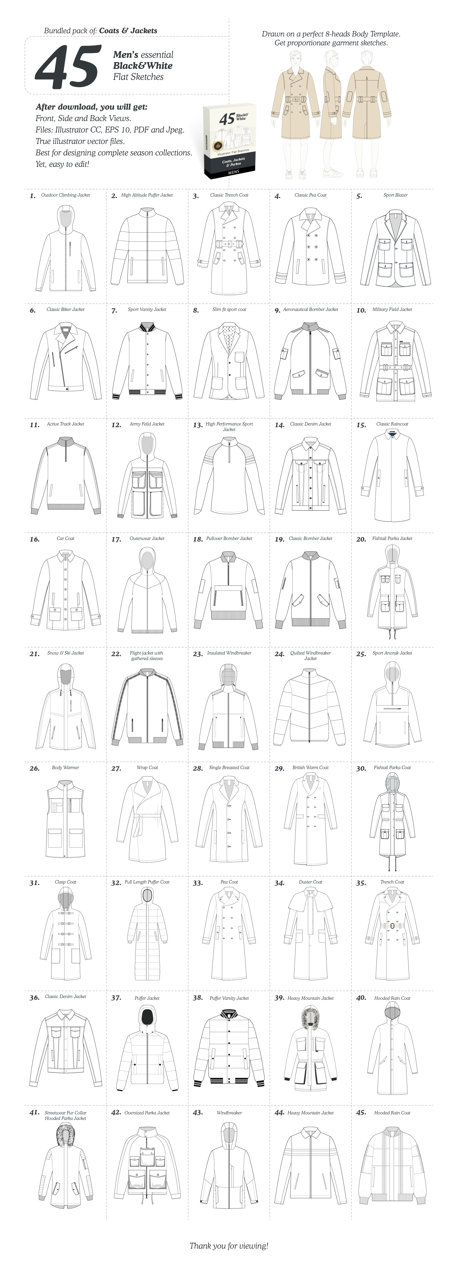 Pack of Mens 45 Coats and Jackets Black and White Flat Sketches