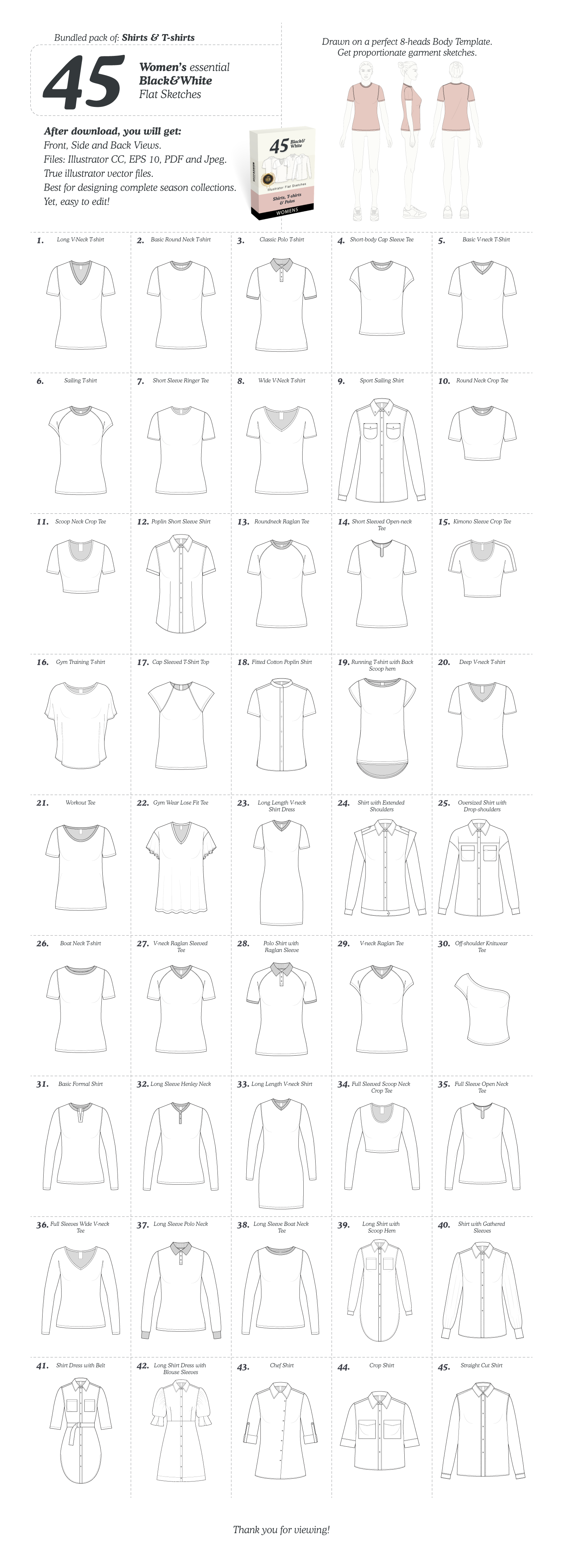 Pack of Women 45 Shirts and T-shirts Black and White Flat Sketches