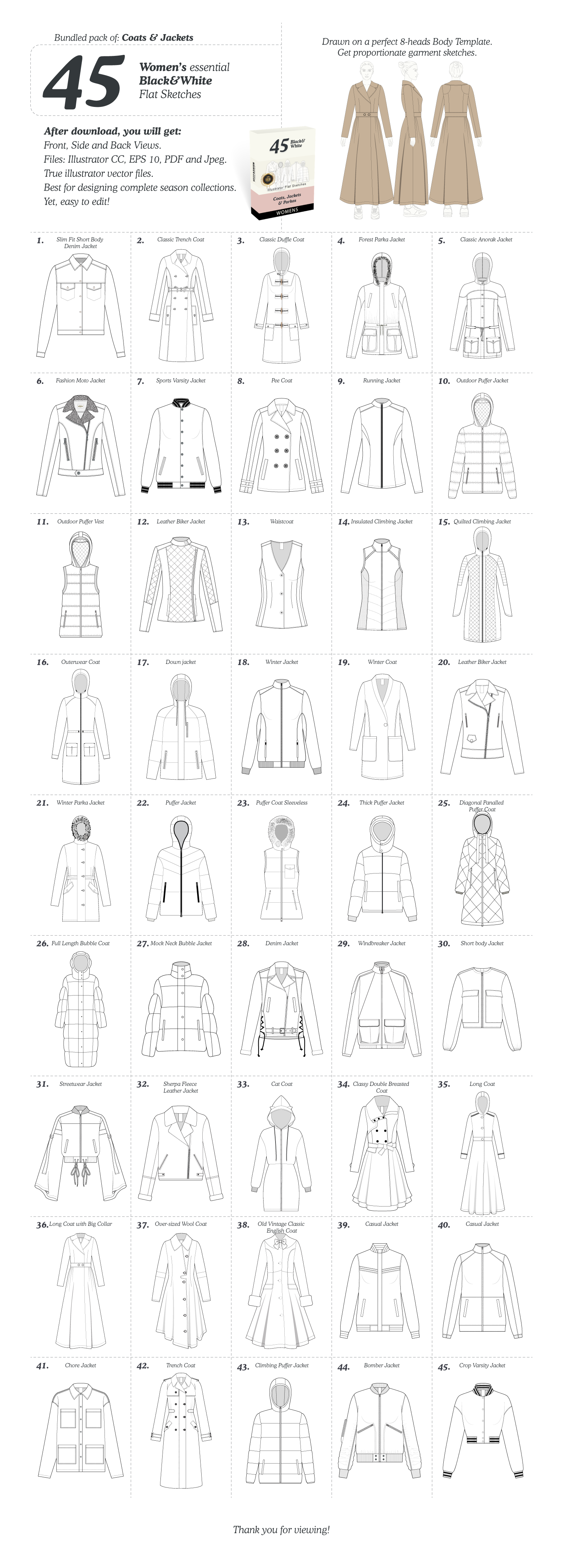 Pack of Women 45 Coats and Jackets Black and White Flat Sketches