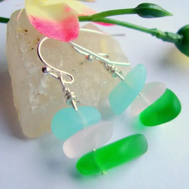 Green and Blue Pebble Shaped Frosted Sea Glass Silver Ladies Dangle Earrings- Seaglass Beach Jewelry