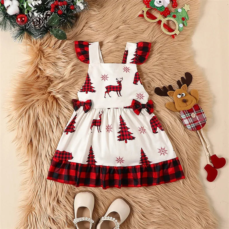 Infant Baby Girls Christmas Dress -Tree and Reindeer Plaid Print