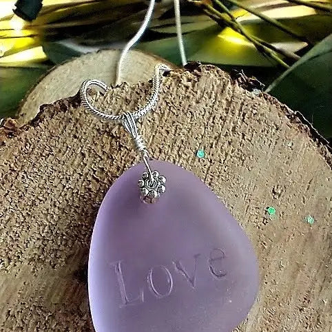 Engraved Inspirational "Love" Purple Sea Glass Pendant