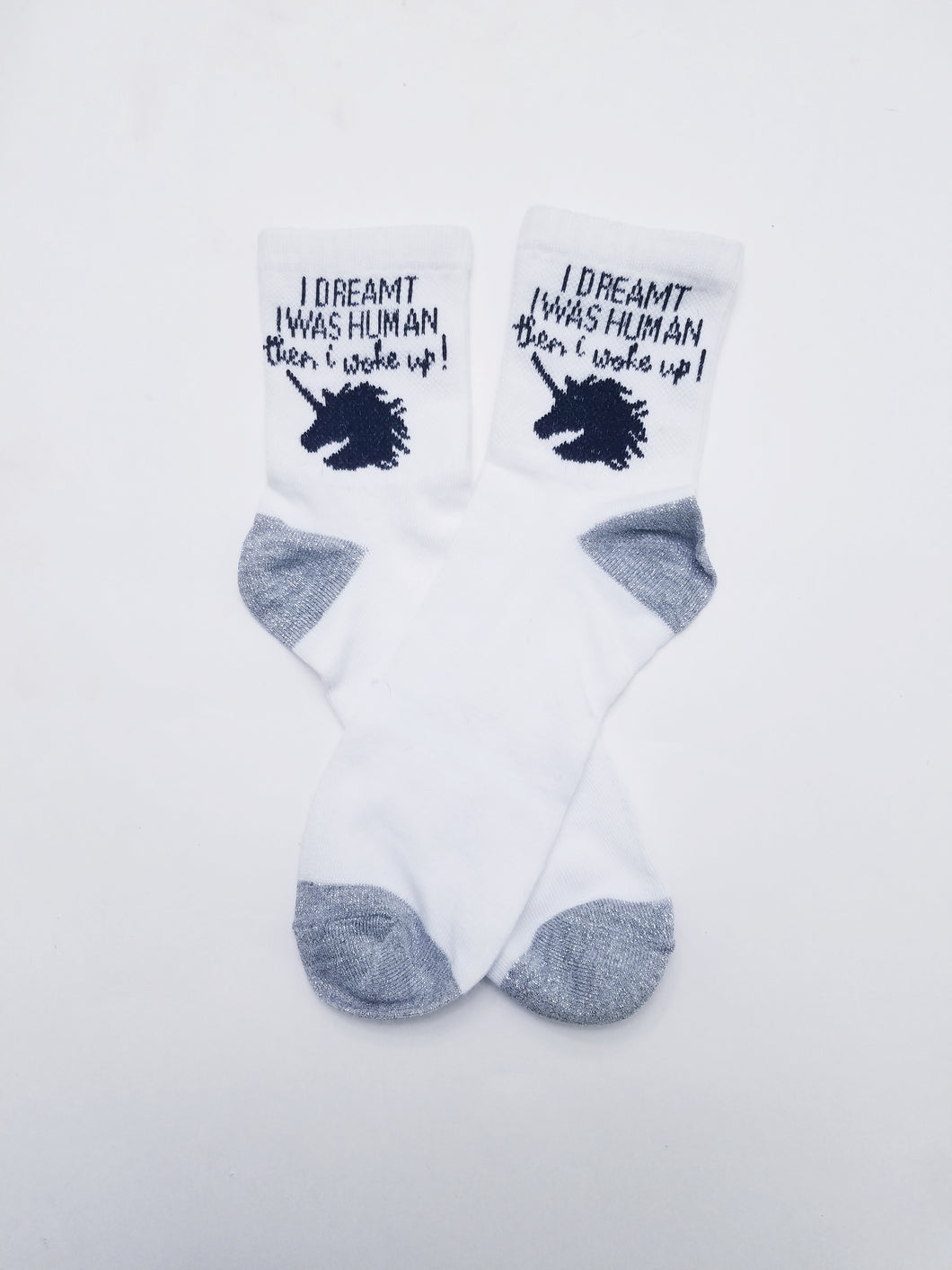 Unicorn Head Phrase Glitter Toe Heal Low Crew Socks