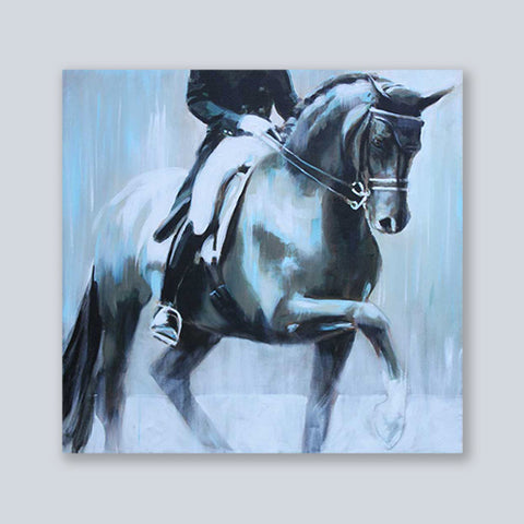 painting of abstract blue doing dressage in acrylic on large canvas
