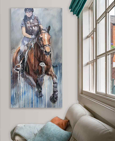 horse painting of crosscountry horse jumping large modern abstract on canvas