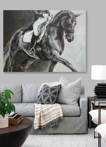 dressage horse painting large black and white canvas wall art as livingroom decor