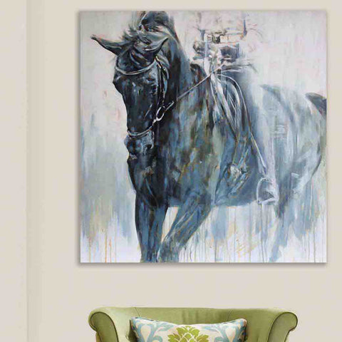 equestrian painting portrait on large canvas of blue horse