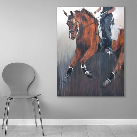 large equestrian portrait of warmblood doing dressage in abstract acrylic