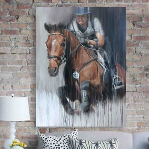 equestrian portrait of eventer jumping on a large modern canvas