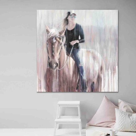 large horse portrait on canvas of horse and rider for girls room decor
