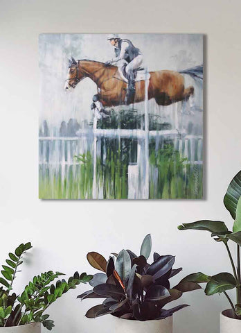 large contemporary horse jumping eventing portrait painting on canvas