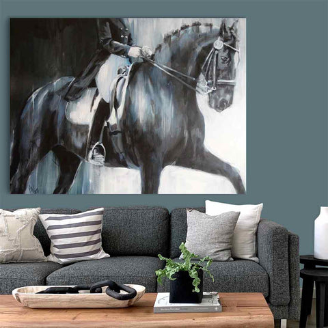 black horse painting portrait of large dressage canvas art