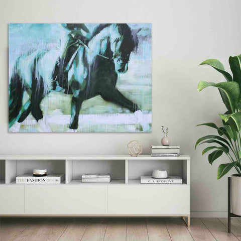 horse and rider dressage portrait in abstract modern acrylic on canvas