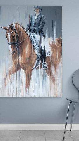 large horse oil painting of dressage rider in abstract style