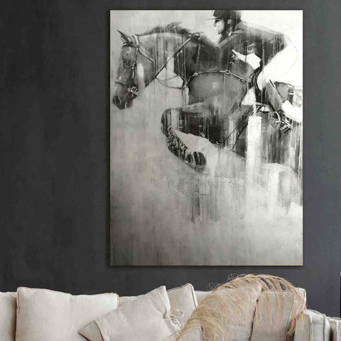 horse jumping painting portrait of showjumper in black and white